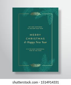 Merry Christmas Abstract Vector Greeting Card, Poster Or Holiday Background. Classy Green And Gold Colors And Typography. Soft Shadows And Sketch Fir-needles With Strobile. Isolated.