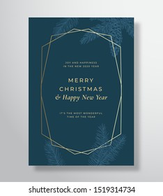 Merry Christmas Abstract Vector Greeting Card, Poster or Holiday Background. Classy Blue and Gold Colors and Typography. Soft Shadows and Sketch Fir-needles with Strobile. Isolated.