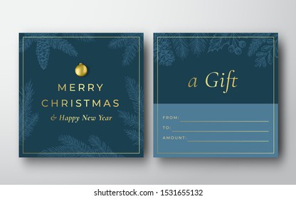 Merry Christmas Abstract Vector Greeting Gift Card Background. Back and Front Design Layout with Classy Typography. Soft Shadows with Realistic Ball and Sketch Pine Branches. Isolated.
