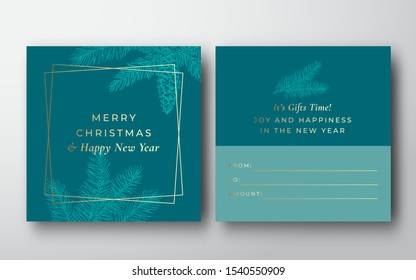 Merry Christmas Abstract Vector Greeting Gift Card Background. Back And Front Design Layout With Modern Typography. Soft Shadows And Sketch Pine Fir Branches. Isolated.