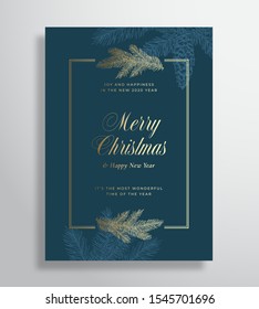 Merry Christmas Abstract Vector Greeting Card, Poster or Holiday Background. Classy Blue and Gold Colors and Typography. Soft Shadows and Sketch Pine Twig Fir-needles with Strobile. Isolated.