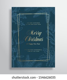 Merry Christmas Abstract Vector Greeting Card or Holiday Poster. Classy Blue and Gold Colors and Typography. Soft Shadows and Sketch Pine Twigs, Strobile, Holly and Mistletoe Background. Isolated.