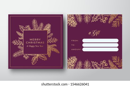 Merry Christmas Abstract Vector Greeting Gift Card Background. Back and Front Design Layout with Classy Typography. Soft Shadows and Sketch Pine Twigs with Strobile, Holly and Mistletoe. Isolated.