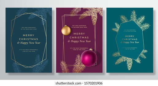 Merry Christmas Abstract Vector Greeting Card, Poster or Holiday Background. Classy Blue and Gold Colors and Typography. Soft Shadows and Sketch Fir-needles with Strobile. Isolated.