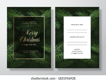 Feliz tarjeta de felicitación del vector de navidad, afiche o fondo. Diseño de invitaciones atrás y frontal con tipografía de clase. Esbozar ramas de pino, Strobile. Invitación de gradiente dorado.
