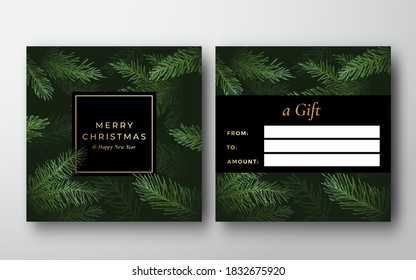 Merry Christmas Abstract Vector Greeting Gift Card Background. Back and Front Design Layout with Modern Typography. Soft Shadows and Sketch Fir-needle Spruce or Pine Branches. Isolated.