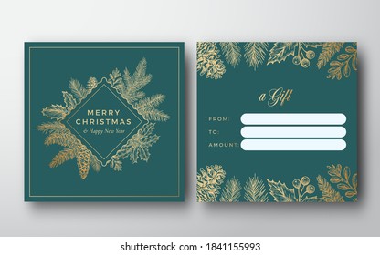 Feliz Navidad Resumen Vector Saludo Regalo Fondo de Tarjeta Regalo. Diseño frontal y posterior con tipografía clásica. Esbozo de trama Emblema Pine Twigs con Strobile, Holly y Mistletoe. Aislado.