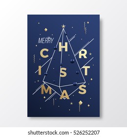 Merry Christmas Abstract Vector Minimalistic Geometry Poster, Card or Background. Dark Blue and Gold Colors, Modern Typography, Soft Realistic Shadows. Isolated.