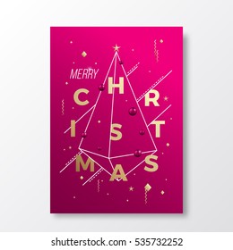 Merry Christmas Abstract Vector Minimalistic Geometry Poster, Card or Background. Pink, Purple and Gold Colors, Modern Typography, Swiss Style, Soft Realistic Shadows. Isolated.