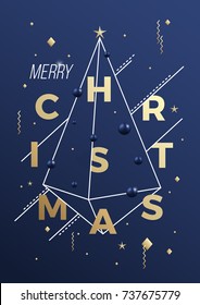 Merry Christmas Abstract Vector Minimalistic Geometry Poster, Card Or Background. Classy Blue And Gold Colors, Modern Typography, Decorative Elements.