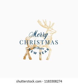 Merry Christmas Abstract Vector Retro Label, Sign or Card Template. Hand Drawn Golden Reindeer or Deer Sketch Illustration with Vintage Typography. Isolated.