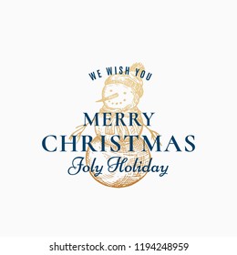 Merry Christmas Abstract Vector Retro Label, Sign or Card Template. Hand Drawn Golden Holiday Snowman Sketch Illustration with Fur Hat and Vintage Typography. Isolated.