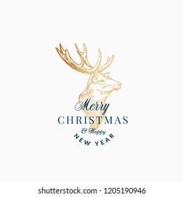 Merry Christmas Abstract Vector Retro Label, Sign or Card Template. Hand Drawn Golden Reindeer or Deer Head Sketch Illustration with Vintage Typography. Isolated.