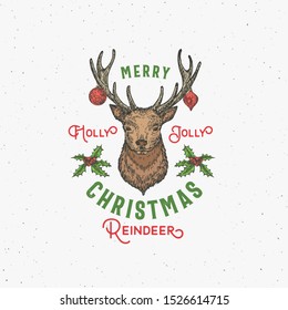 Merry Christmas Abstract Vector Retro Label, Sign or Logo Template. Colorful Hand Drawn Deer Head Sketch Illustration with Holly Branches, Toy Balls and Typography. Shabby Texture Background. Isolated