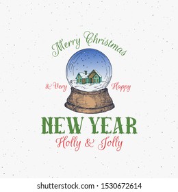Merry Christmas Abstract Vector Retro Label, Sign or Logo Template. Colorful Hand Drawn Snow Ball with House Sketch Illustration and Vintage Typography. Shabby Texture Background. Isolated.