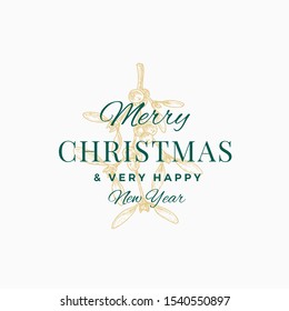 Merry Christmas Abstract Vector Retro Label, Logo, Sign or Card Template. Hand Drawn Golden Mistletoe Branch with Berries and Leaves Sketch Illustration with Vintage Typography. Isolated.