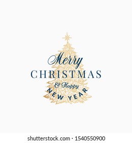 Merry Christmas Abstract Vector Retro Label, Logo, Sign or Card Template. Hand Drawn Golden Holiday Pine Tree with Toys and Candy Canes Sketch Illustration with Vintage Typography. Isolated.