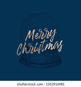Merry Christmas Abstract Vector Retro Label, Sign or Card Template. Hand Drawn Glass Crystal Snowball with House Sketch Illustration with Classy Retro Golden Typography. Premium Blue Background.