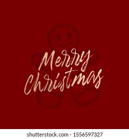 Merry Christmas Abstract Vector Retro Label, Sign or Card Template. Hand Drawn Gingerbread Cookie Sketch Illustration with Brush Like Retro Golden Typography. Premium Red Background.