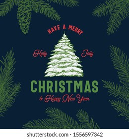 Merry Christmas Abstract Vector Retro Label, Sign or Logo Template. Colorful Hand Drawn Christmas Tree with Snow Sketch Illustration and Vintage Typography. Background with Pine Twigs.