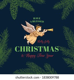 Feliz Navidad Resumen Vector Retro Etiqueta, Firma o Plantilla de logotipo. Ángel Volador de Mano Colorida con un Esbozo de Cuerno Ilustración con Tipografía. Pino Oscuro Twigs Fondo.