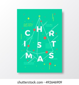 Merry Christmas Abstract Vector Swiss Style Minimalistic Poster, Card or Background. Mint Bright Color, Modern Typography and Soft Realistic Shadows. Isolated.