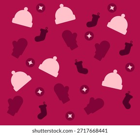 Patrón de accesorios de Navidades alegres. Fondo minimalista Abstractas con sombrero de invierno, guantes de manopla y calcetines de Navidad. Diseño para vacaciones y celebración del Año Nuevo Ilustración vectorial plana