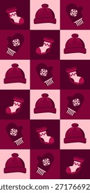 Patrón de accesorios de Navidades alegres. Fondo minimalista Abstractas con sombrero de invierno, guantes de manopla y calcetines de Navidad. Diseño para vacaciones y celebración del Año Nuevo Ilustración vectorial plana