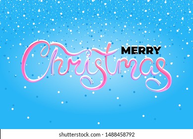 Merry Christmas acrylic paint brush hand drawn calligraphic lettering greeting card template. Happy New Year holiday gift poster. Calligraphy font style blue banner. Vector illustration