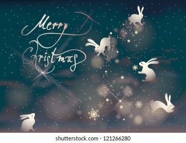 Merry Christmas / Adorable white rabbits make snowflakes on the night sky