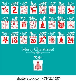 Merry Christmas. Advent calendar with 25 windows. Holiday template with numbers for Christmas calendar or daily preparation schedule.  Vector Illustration
