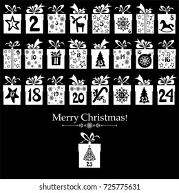 Merry Christmas. Advent calendar with 25 windows. Holiday template with numbers for Christmas calendar or daily preparation schedule. Vector Illustration