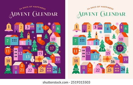 Feliz Natal, calendário do advento. Design conceitual com a aldeia de Natal, decorações, presentes e casas. Ilustração e design de vetor