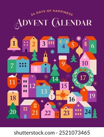 Merry Christmas, Advent Calendar. Concept design with Christmas village, decorations, gifts and homes. Vector illustration and design