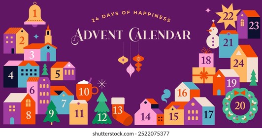 Merry Christmas, Advent Calendar. Concept design with Christmas village, decorations, gifts and homes. Vector illustration and design