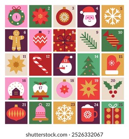 Merry Christmas advent calendar with geometric icons. Modern minimalist holiday stickers. Candy cane, Santa, Christmas tree, holly, gifts. Xmas poster, banner, card. Vector flat illustration.