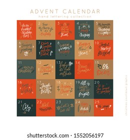 Merry  Christmas Advent calendar with hand lettering quotes about the Holiday. Unique vector poster. Custom Winter Holiday banner print.