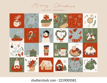 Merry Christmas Advent calendar with hand drawn elements. Cute cartoon flat style. Countdown Xmas Poster. Greeting holiday season card set. Winter Vector illustration, isolated on background, a4