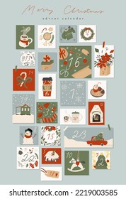 Merry Christmas Advent calendar with hand drawn elements. Cute cartoon flat style. Countdown Xmas Poster. Greeting holiday season card set. Winter Vector illustration, isolated on background, a4