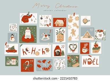 Merry Christmas Advent calendar with hand drawn elements. Cute cartoon flat style. Countdown Xmas Poster. Greeting holiday season card set. Winter Vector illustration, isolated on background, a4