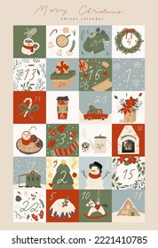 Merry Christmas Advent calendar with hand drawn elements. Cute cartoon flat style. Countdown Xmas Poster. Greeting holiday season card set. Winter Vector illustration, isolated on background, a4