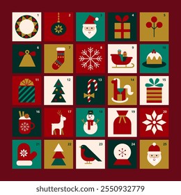 Merry Christmas advent calendar with minimalists festive symbols. Simple geometric icons. Stylized Santa, gifts, deer, sweet, snow, snowman, tree. Flat vector illustration. For poster, card, stickers.