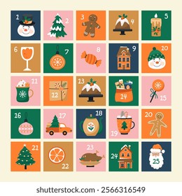 Merry Christmas advent calendar with a set of festive illustrations. Vector illustration