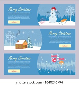 Merry Christmas Advertising Holiday Brochure Set. Flyer, Landing Web Page with Winter Scenes. Snowman in Santa Hat with Sled. House in Snowy Forest. New Year's Balls, Snowflakes and Tinsel