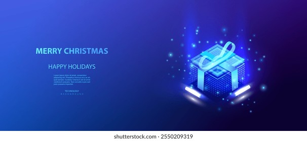 Merry Christmas ai greeting technology holidays isometric vector background. Isometric server gift neon box and lamps. Christmas big data banner. Futuristic christmas digital card.