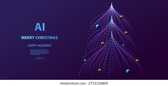 Frohe Weihnachtshilfe Technologie Datenbaum Design. Futuristische Happy Holiday Card, Vektorhintergrund. Frohes neues Jahr.