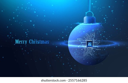 Merry Christmas ai technology design. Futuristic holiday card with blue neon ball, CPU central and circuit board pattern. Vector big data background. Happy New Year concept.