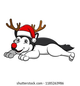 Merry Christmas Alaskan Malamute Cartoon Dog. Vector illustration of purebred Christmas alaskan malamute dog.