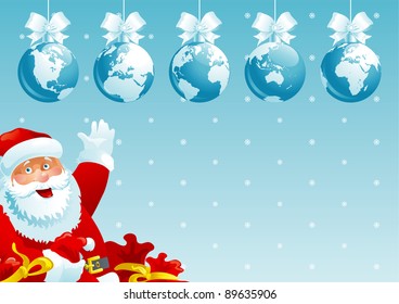 Merry Christmas, all world! Vector illustration of  baubles with globes and Santa Claus with gift bags.