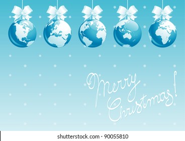 Merry Christmas, all world!. Vector illustration of  baubles with globes and text "Merry Christmas".